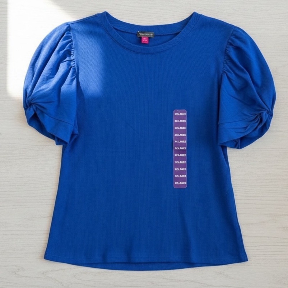 Vince Camuto Ribbed Top Womens Blue Puff Sleeve Crew Neck Modern XXL